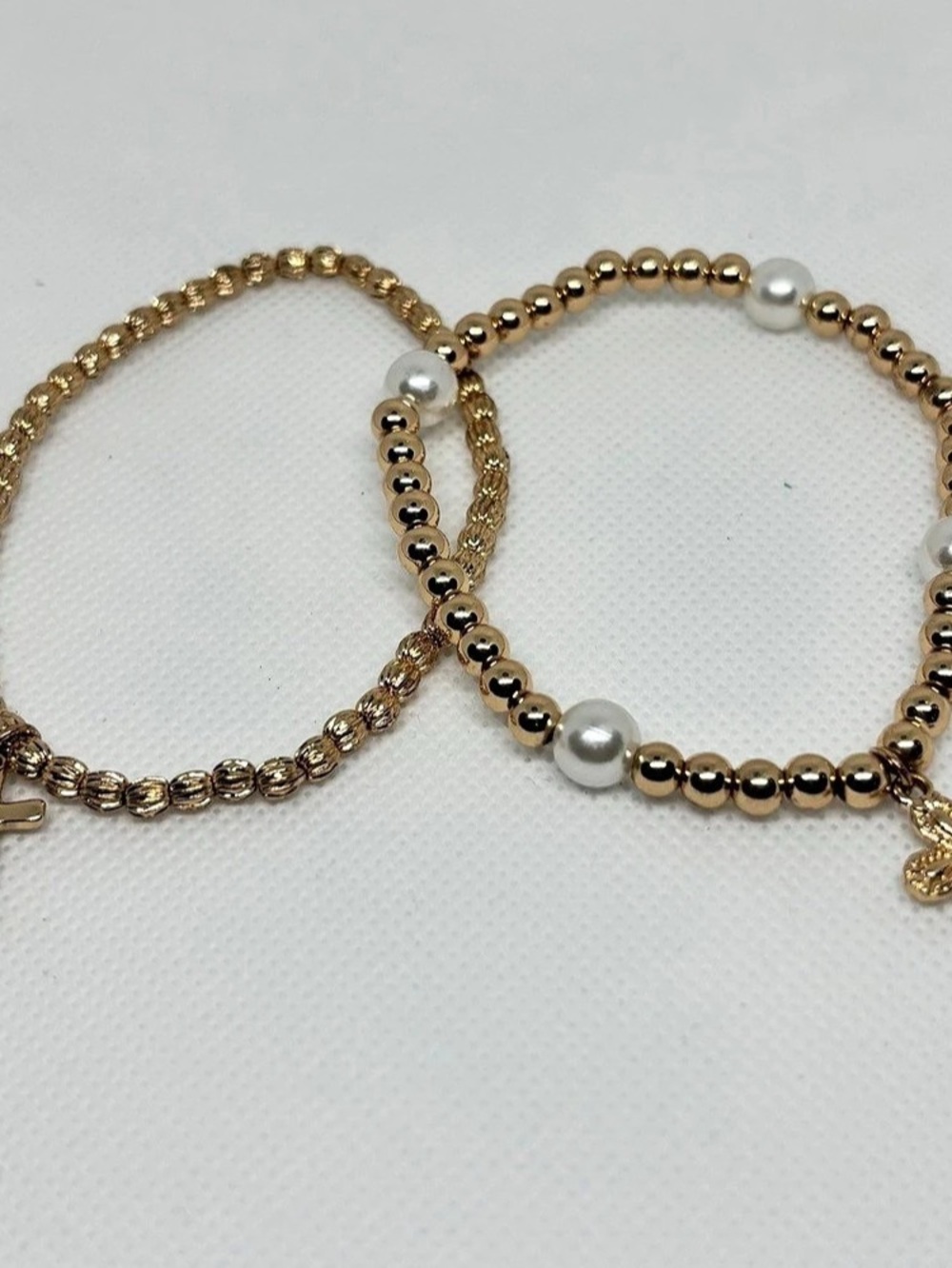 Gold Tone Beaded Stretch Charm Bracelets 2pc Cross Dangle Sim Pearl White